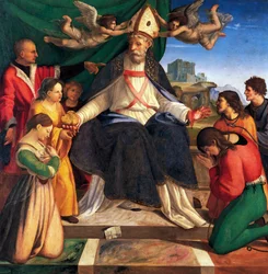 St Nicholas of Bari tronet av Andrea Sabatini (ca 1484-1530), olje på lerret