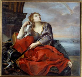 Dido, dronning av Kartago, forlatt av Aeneas. Hun peker sverdet mot magen som tegn på fortvilelse. Maleri av Andrea Sacchi (1599-1661), 1635. Sol. 1,4x1,48 m. Caen, Kunstmuseet
