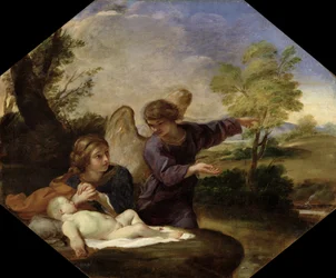 Hagar og Ismael i ødemarken (olje på lerret)