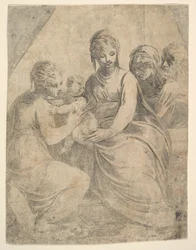 Jomfruen og barnet akkompagnert av helgener, ca. 1540-50.