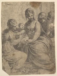 Jomfruen og barnet akkompagnert av helgener, ca. 1550.