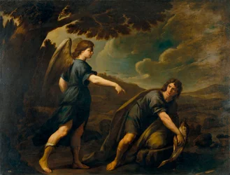 Engelen og Tobias med fisken - Maleri av Andrea Vaccaro (1604-1670), olje på lerret (199,5x262 cm), ca. 1640, italiensk kunst