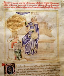 Allegorier av astrologi eller astronomi i "" Song of the Seven Vertus and the Seven Liberal Arts bestemt for Bruzio Visconti "(The Song of Virtues and Sciences) av Bartolomeo di Bartoli. Akvarell av Andrea di Bartoli (aktiv mellom 1358 og