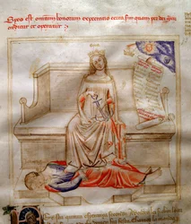 Allegorier av troen i "" Chansonne des sept virtues et des sept arts liberoux destinee a Bruzio Visconti "(The Song of Virtues and Sciences) av Bartolomeo di Bartoli. Akvarell av Andrea di Bartoli (aktiv mellom 1358 og 1368) (ms. 599, fol. 5