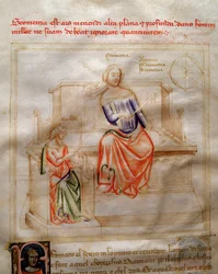 Allegorier of Geometries i "" Chansonne des sept Vertus et des sept Arts liberales bestemt til Bruzio Visconti "(The Song of Virtues and Sciences) av Bartolomeo di Bartoli. Akvarell av Andrea di Bartoli (aktiv mellom 1358 og 1368) (ms. 599, fo
