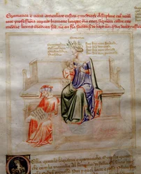 Allegorier av Grammaire i "" Chansonne des sept Vertus et des sept Arts liberales bestemt til Bruzio Visconti "(The Song of Virtues and Sciences) av Bartolomeo di Bartoli. Akvarell av Andrea di Bartoli (aktiv mellom 1358 og 1368) (ms. 599, fo