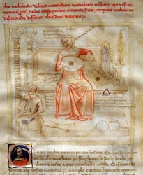 Allegorier av musikken i "" Chansonne des sept Vertus et des sept Arts liberales destinee à Bruzio Visconti "(The Song of Virtues and Sciences) av Bartolomeo di Bartoli. Akvarell av Andrea di Bartoli (aktiv mellom 1358 og 1368) (ms. 599, fol.