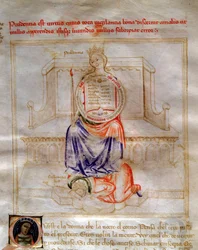 Allegorier of Prudence i "" Chansonne des sept Vertus et des sept Arts liberales bestemt til Bruzio Visconti "(The Song of Virtues and Sciences) av Bartolomeo di Bartoli. Akvarell av Andrea di Bartoli (aktiv mellom 1358 og 1368) (ms. 599, fol.