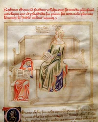 Allegorier av retorikken i "" Chansonne des sept Vertus et des sept Arts liberales bestemt til Bruzio Visconti "(The Song of Virtues and Sciences) av Bartolomeo di Bartoli. Akvarell av Andrea di Bartoli (aktiv mellom 1358 og 1368) (ms. 599, f