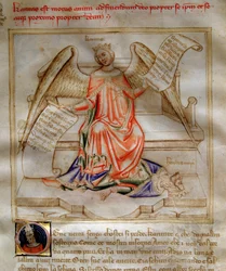 Allegory of Charity ailee som tråkker Herode I den store for føttene i "" Song of the Seven Vertus and the Seven Liberal Arts destinee for Bruzio Visconti" (La Canzone delle Virtu e delle Scienze) av Bartolomeo di Bartoli. Akvarell av Andrea di Bartoli (