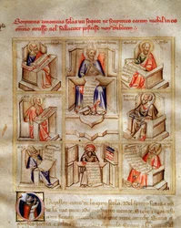 Representasjon av legene i kirken: Saint John, Saint Ambrose of Milano, Saint Jerome, Saint Gregoire the Great og Saint Paul i "" Song of the Seven Vertus and the Seven Liberal Arts destinee for Bruzio Visconti""" (La Canzone delle) Virtu og dell