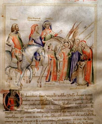 Forfatteren kneler for å presentere boken sin til den unge prinsen Visconti av Milano i "" Song of the Seven Vertus and the Seven Liberal Arts destinee for Bruzio Visconti "(La Canzone delle Virtu e delle Scienze) av Bartolomeo di Bartoli. Akvarell av Andr