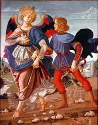 Tobias og engelen: Tobias, som av sin blinde far er pålagt å finne fisken, ledsages av erkeengelen Rafael. Maleri fra Andrea del Verrocchios skole (1435-1488), 1470-1480. National Gallery, London