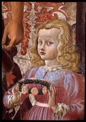 Jomfru og barn med to engler, døperen Johannes og en annen helgen, og to barn fra Pazzi-familien Detalj som representerer en av Pazzi-døtrene (Jomfru med barn med den hellige døperen Johannes og en annen helgen, to engler og to barn av th