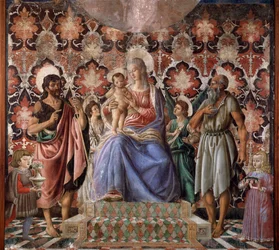 Jomfru med barn med den hellige Johannes Baptist og en annen helgen, to engler og to barn av Pazzi-familien Fresco av Andrea del Castagno (1421-1457) Firenze, Palazzo Pitti