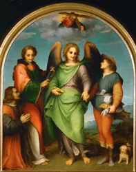 Erkeengelen Rafael og Tobias, Sankt Laurentius og giveren, Leonardo di Lorenzo Morelli (maleri på tre)