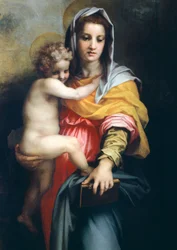 Madonna med barn, detalj fra Madonna of the Harpies,1517, av Andrea del Sarto (1486-1530), olje på tre, 207x178 cm
