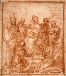 "Madonna and Child on the Throne with Eight Saints" (Enthroned Madonna with Child and eight saints (Composition study)) Sanguinetegning av Andrea del Sarto (1486-1531) 1528 Sanguine på papir Dim 15,6x13,5 cm Staatliche Museen, Berlin