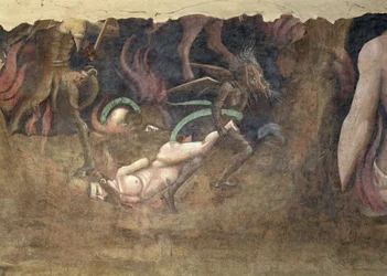 Dødens triumf, detalj av en djevel som fører en synder til helvete, 1348