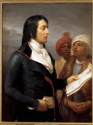 Kampanje (ekspedisjon) av Egypt (1798-1801): "" Portrett av general Charles Antoine Desaix de Veygoux (1768-1800) som leser en agenda til general Bonaparte for to egyptere under ekspedisjonen til Egypt, en IX av republikken""" Maleri av Andrea Appiani