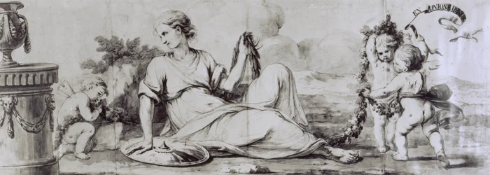 Kvinnefigur med putti, allegorisk komposisjon, ca 1754, design av Andrea Appiani (1754-1817) for kommode-byrå av Giuseppe Maggiolini, Italia