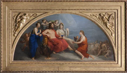 Olympus (Jupiter, kronet med myrthe av timene, tilbyr en globet til Ganymedes som skal serveres nektar)