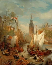 Havnescene i Amsterdam (nederlandsk strandbilde)