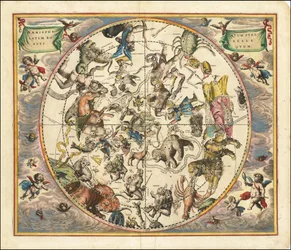 Himmelkart fra 1660 som illustrerer stjernebildene på den nordlige halvkule lagt over jordens sørlige halvkule