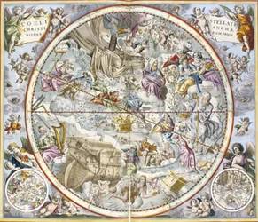 Kart over de kristne stjernebildene slik de er fremstilt av Julius Schiller, fra Det himmelske atlaset, eller Universets harmoni, Atlas coelestis seu harmonia macrocosmica, utgitt av Joannes Janssonius, Amsterdam