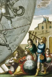 Forskere (astrologer og astronomer) som studerer jordkloder og himmelkartet, detalj fra Atlas Coelestis seu Harmonia Macrocosmica av Andreas Cellarius (1596-1665)