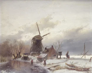 Et frossent elvelandskap med en vindmølle (olje på vindmølle)