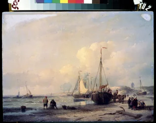 Sjølandskap. Maleri av Andreas Schelfhout (1787-1870). Olje på lerret
