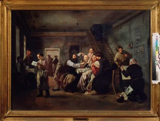 En taverna. (Scene rundt de dekkede bordene, folk drikker te, en ung kontorist leser et trykt ark, en gammel mann viser graveringer til en amatør, røyker en pipe). Maleri av Andrei Andreyevich Popov (1832-1896), olje på lerret