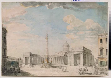 La cathedrale Notre Dame de Kazan (Notre-Dame-de-Kazan) a Saint Petersburg (Kazan-katedralen i St Petersburg) - Verk av Andrei Nikiforovich Voronikhin (Voronikhine) (1759-1814), blyant og akvarell på papir, rundt 1800, Russisk kunst 1700-1800-tallet, kl