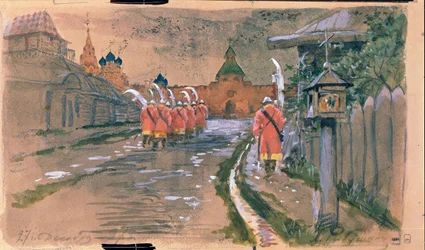 Gatepatrulje ved Ilyinsky-porten i Gamle Moskva. Verk av Andrei Petrovich Ryabushkin (Riaboutchkine) (1861-1904), akvarell på papir