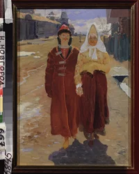 Besøksutflukt. (par elegante Boyarer (brett, boiarer) i tradisjonelle klær, går nedover gaten i en landsby med trehus.) Maleri av Andrei Petrovich Ryabushkin (Riaboutchkine) (1861-1904), olje på lerret