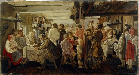 Et bondebryllup i Tambov-regionen (Russland). (Bøndebryllup i Tambov-regionen). Maleri av Andrei Petrovich Ryabushkin (Riaboutchkine) (1861-1904), olje på lerret, ca 1880. Russisk kunst fra 1800-tallet. Statens Tretyakov-galleri, Moskva.