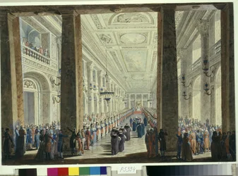 Fest gitt av keiserinne Katarina II av Russland (1729-1796) ved Vinterpalasset i St. Petersburg til ære for den tyrkiske ambassadøren (mottakelse til ære for den tyrkiske ambassadøren). Verk av Andrei Voronikhin (1759–1814)