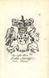 Våpenskjold og emblem av den høyre ærede John Savage, 5. jarl av elver