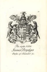 Våpenskjold og våpenskjold til den høyre adelige James Brydges, hertugen av Chandos