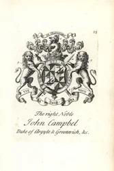 Våpenskjold og våpenskjold av den høyre adelige John Campbell, 2. hertug av Argyll og Greenwich,