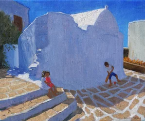 Cricket ved kirkeveggen, Mykonos (olje på lerret)