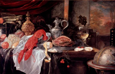 Stilleben med hummer, skinke, sølvtøy, maleri av Andrea Benedetti (1620-?) Faenza, kommunalt kunstgalleri
