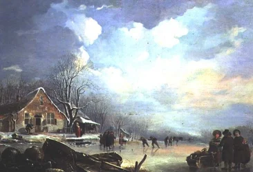 Vinterlandskap med hytte og figurer