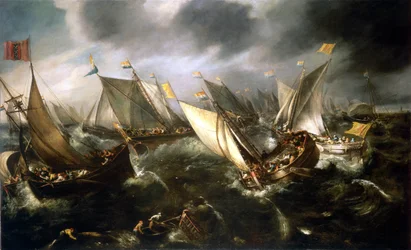 Et nederlandsk seilkappløp utenfor kysten av Nord-Europa. Olje på lerret, rundt 1630 av Andries van Eertvelt (1590–1652).