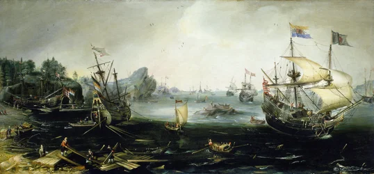 Nederlandske skip laster en last med tre inn i en skandinavisk fjord. Oljemaleri av Andries van Eertvelt (1590–1652).