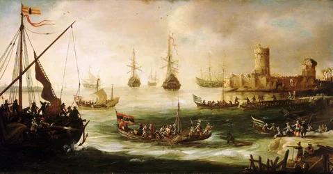 En spansk ekspedisjons tilbakekomst, olje på tre, av Andries van Eertvelt (1590–1652).