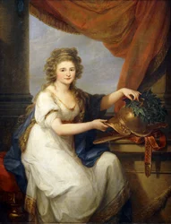 Portrett av grevinne Catherine Skavronska, sittende tre-kvarts lengde, i nyklassisk kjole, ved et drapert gardin, prydet en hjelm, påskrevet "Potemkin Taurico", med en krans, 1789