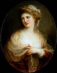 Portrett av en dame iført et gult sjal (olje på kobber)