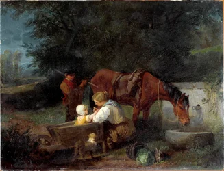 En bonde med barnet sitt, en gårdsgutt og en hest Maleri av Angelo Beccaria (1820-1897)